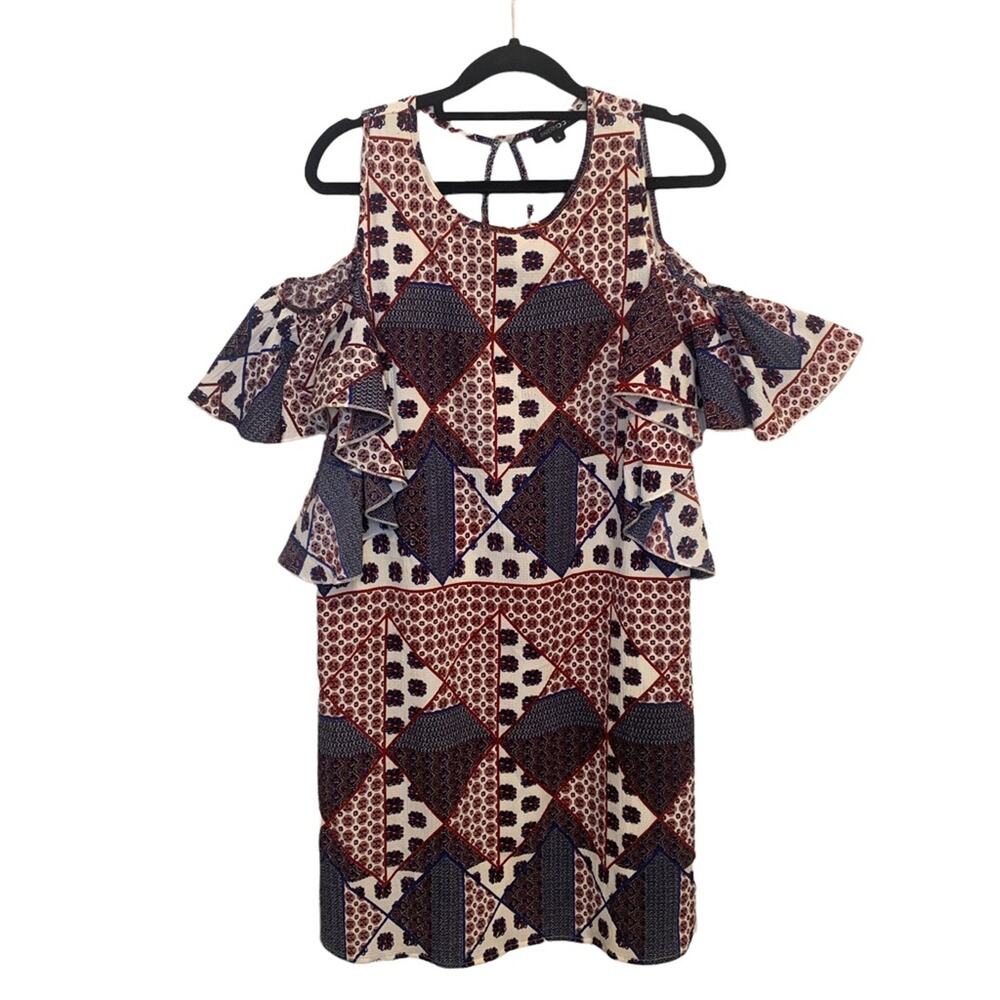 PaperMoon Patterned Cold Shoulder Ruffle Sleeve Mini Dress Large